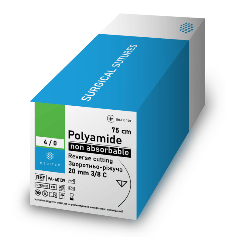 Поліамід, USP3/0(М2), синій, 75см, голка звор. ріжуча, 1х26мм, 1/2кола, PA-30108